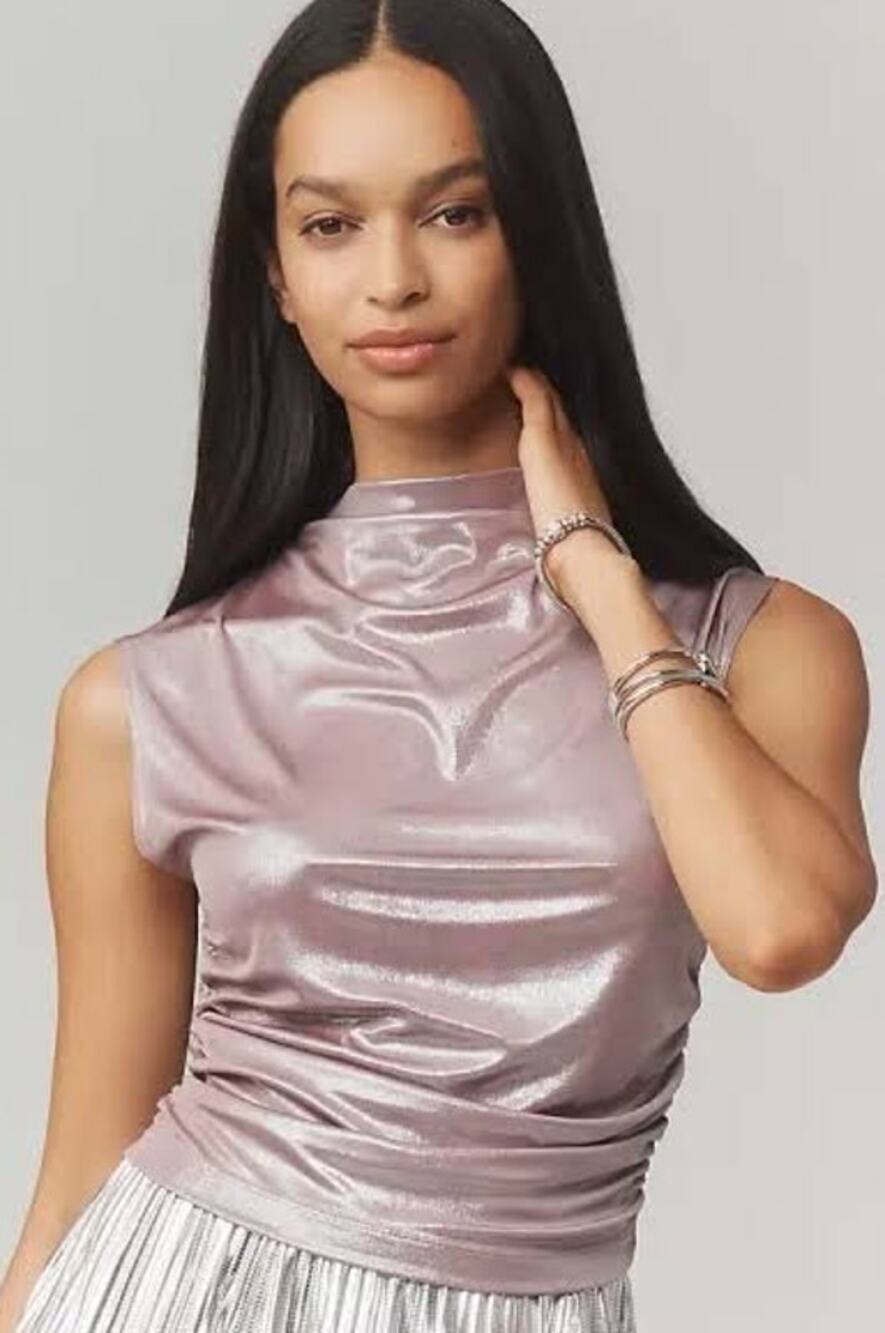 Maeve Mock Neck Ruched Tank Top Purple Metallic Sleeveless Pullover Women's S